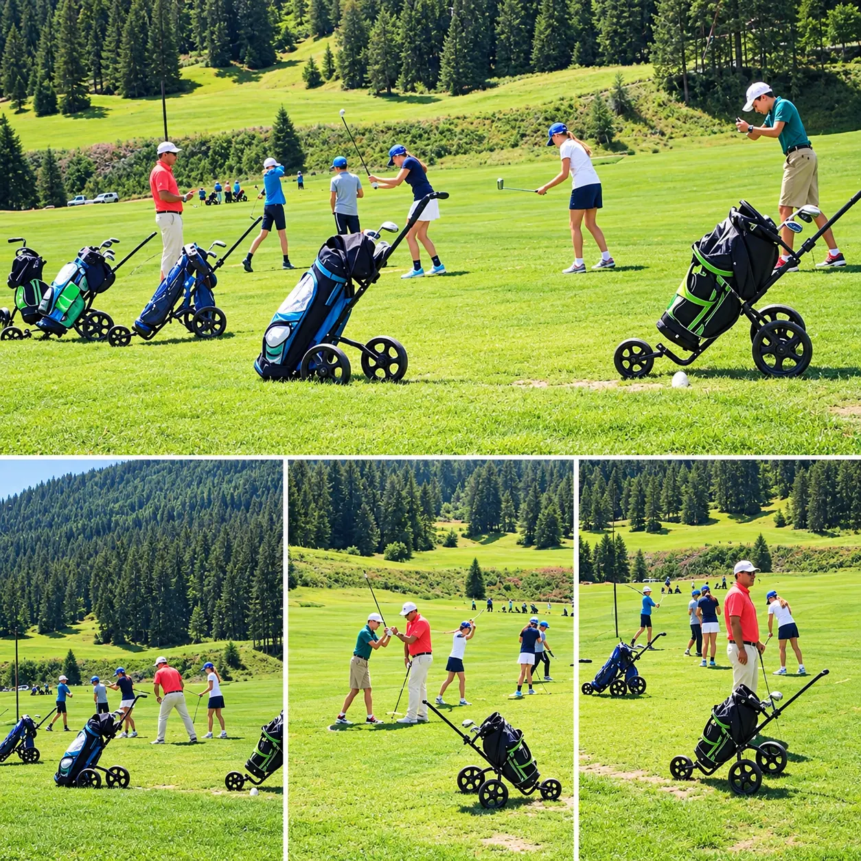 Groups of players learning golf on a practice range in the mountains